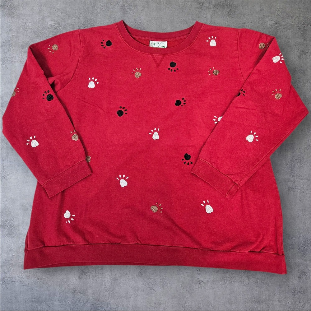 The Quacker Factory Red Dog Paw Print Sweatshirt Size 1X Embroidered C25
